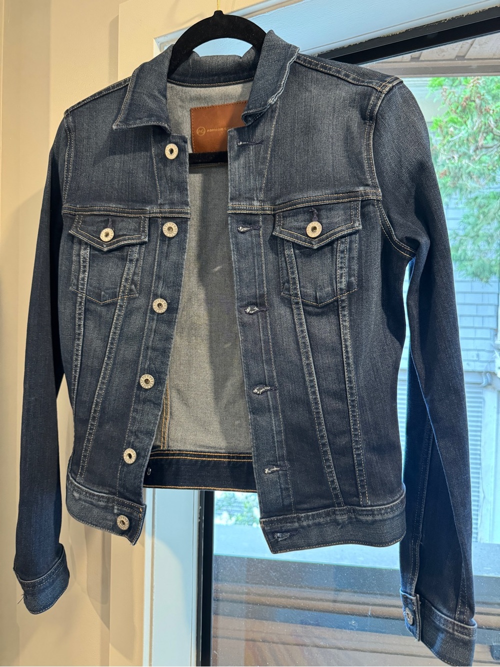 Ag Adriano Goldschmied Blue Denim Jacket with Brown Leather Patch
